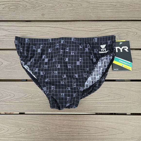 New TYR Durafast  Retro Check Grey Allover Racer Men's Brief SZ 32 New - Picture 1 of 3
